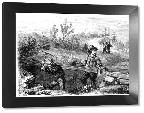 French miners working a long tom sluice, California, 19th century. Artist: Gustave Adolphe Chassevent-Bacques