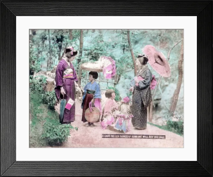 Framed Print : A cake seller dances if someone will buy his cake, Japan Framed Print : A cake seller dances if someone will buy his cake, Japan