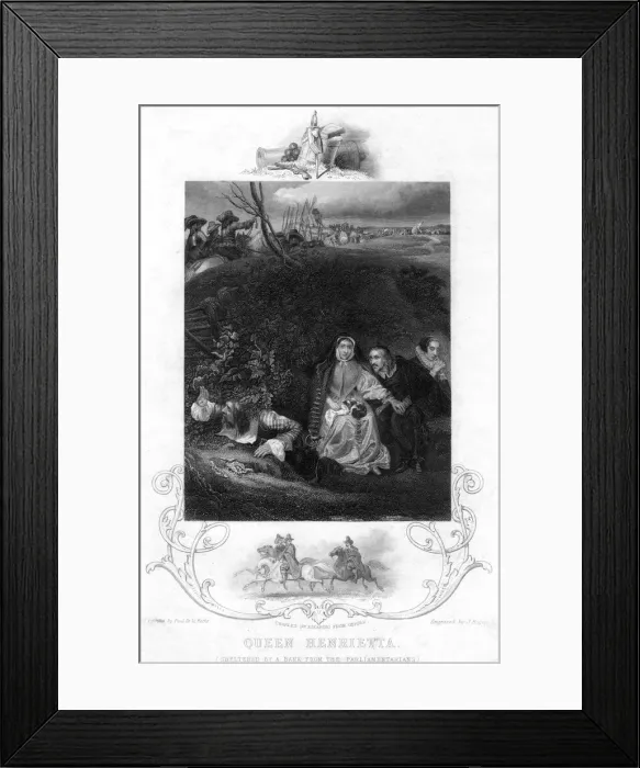 Framed Print : Queen Henrietta, sheltering by a bank from the Parliamentarians, c19th century. Artist: J Rogers Framed Print : Queen Henrietta, sheltering by a bank from the Parliamentarians, c19th century. Artist: J Rogers