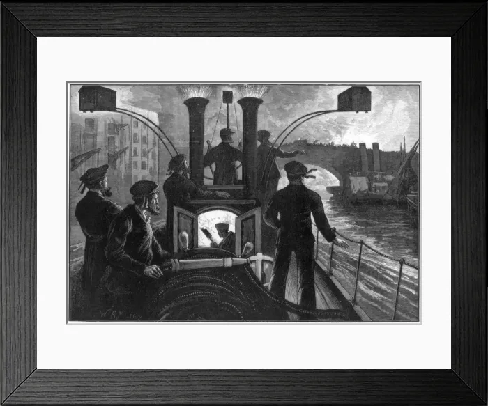 Framed Print : Steam fire-engine going to a riverside fire, London fire brigade, 1890. Artist: WB Murray Framed Print : Steam fire-engine going to a riverside fire, London fire brigade, 1890. Artist: WB Murray