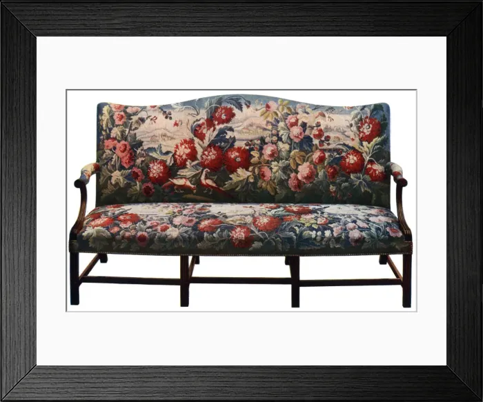 Framed Print : Settee, belonging to a suite of Chippendale furniture covered in an 18th-century tapestry, (c1920) Framed Print : Settee, belonging to a suite of Chippendale furniture covered in an 18th-century tapestry, (c1920)