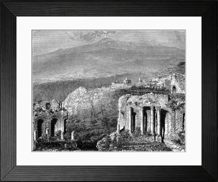 Framed Print : Mount Etna and a view of Taormina, Sicily, Italy, 19th century. Artist: Hubert Clerget Framed Print : Mount Etna and a view of Taormina, Sicily, Italy, 19th century. Artist: Hubert Clerget