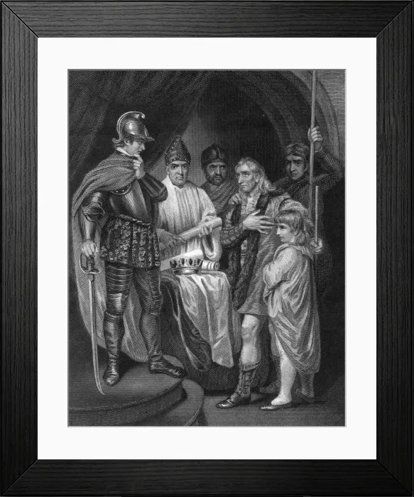 Framed Print : Balliol surrendering his crown to Edward I of England, 1296. Artist: J Rogers Framed Print : Balliol surrendering his crown to Edward I of England, 1296. Artist: J Rogers