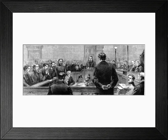 Framed Print : Socialist leaders at Bow Street police court following riots in the west-end of London, 19th centuryArtist: J Brown Framed Print : Socialist leaders at Bow Street police court following riots in the west-end of London, 19th centuryArtist: J Brown