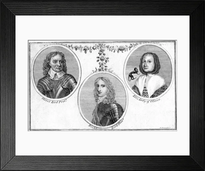 Framed Print : Oliver, Richard and Elizabeth Cromwell. Artist: R Hancock Framed Print : Oliver, Richard and Elizabeth Cromwell. Artist: R Hancock