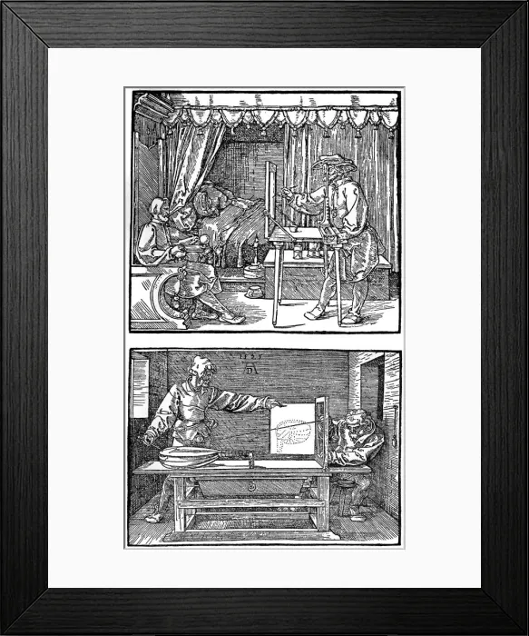 Framed Print : Apparatus for translating three-dimensional objects into two-dimensional drawings, 1525, (1936). Artist: Albrecht Durer Framed Print : Apparatus for translating three-dimensional objects into two-dimensional drawings, 1525, (1936). Artist: Albrecht Durer