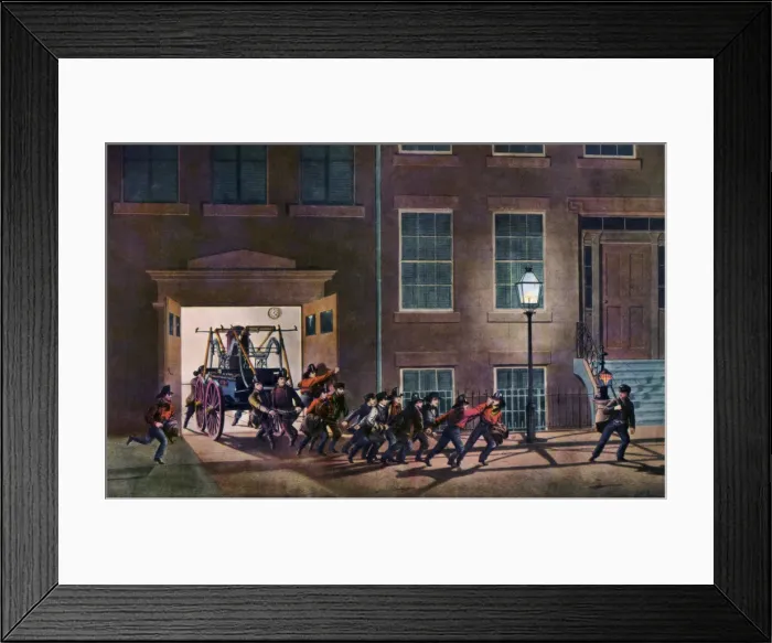 Framed Print : The Night Alarm, The Life of a Fireman, 1854. Artist: Nathaniel Currier Framed Print : The Night Alarm, The Life of a Fireman, 1854. Artist: Nathaniel Currier