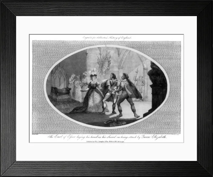 Framed Print : The Earl of Essex laying his hand on his sword on being struck by Queen Elizabeth, (1792). Artist: Wooding Framed Print : The Earl of Essex laying his hand on his sword on being struck by Queen Elizabeth, (1792). Artist: Wooding