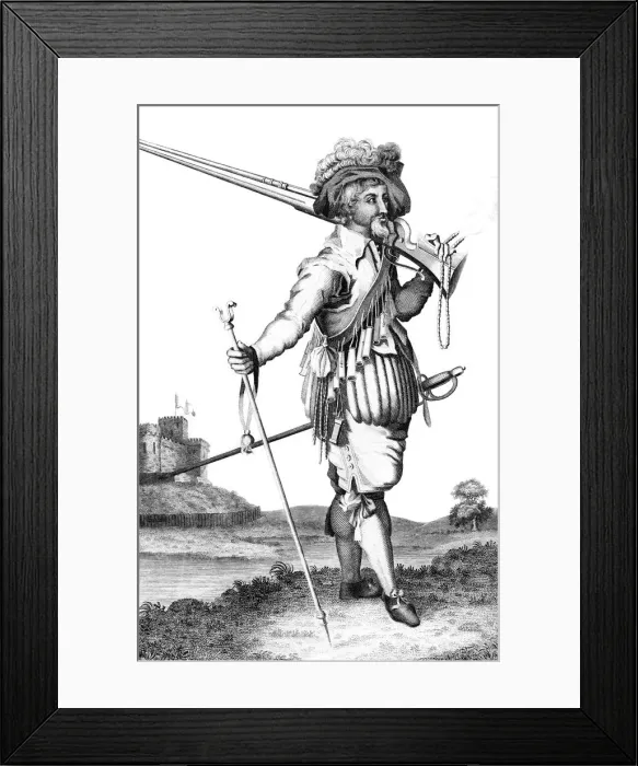 Framed Print : A musketeer on the introduction of fire arms, 1798 Framed Print : A musketeer on the introduction of fire arms, 1798