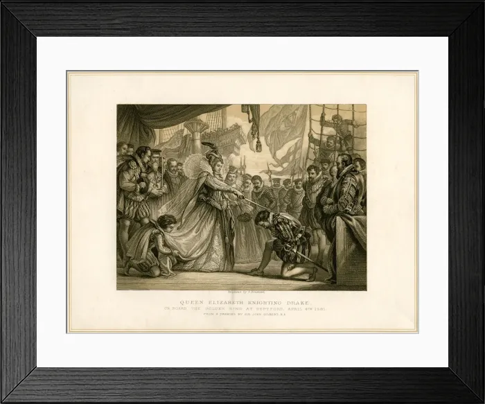 Framed Print : Queen Elizabeth Knighting Drake on board the Golden Hind... April 4th 1581, (19th century). Artist: F Fraenkel Framed Print : Queen Elizabeth Knighting Drake on board the Golden Hind... April 4th 1581, (19th century). Artist: F Fraenkel