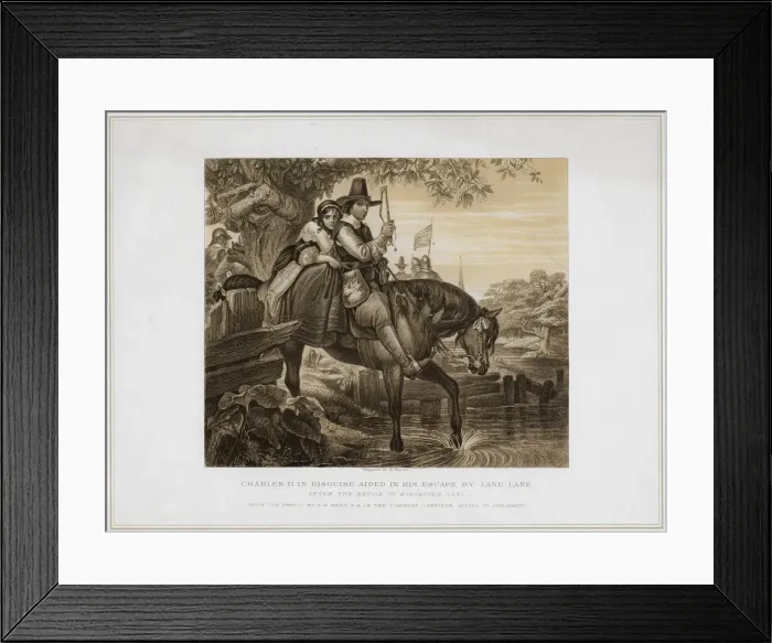Framed Print : Charles II in Disguise Aided in his Escape by Jane Lane... 1651, (19th century). Artist: Herbert Bourne Framed Print : Charles II in Disguise Aided in his Escape by Jane Lane... 1651, (19th century). Artist: Herbert Bourne