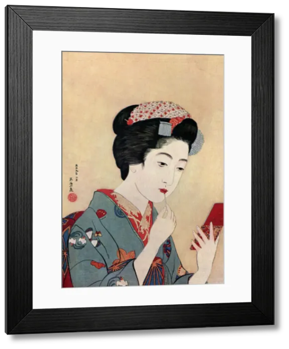 Framed Print : A Japanese woman using a beni brush to paint her lips, 1920 (1930). Artist: Hashiguchi Goyo Framed Print : A Japanese woman using a beni brush to paint her lips, 1920 (1930). Artist: Hashiguchi Goyo