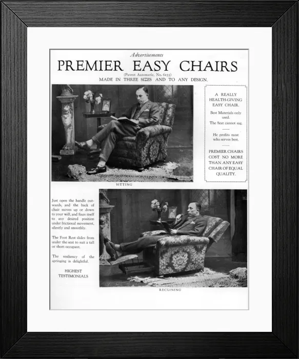 Framed Print : An advertisement for Premier easy chairs, 1926 Framed Print : An advertisement for Premier easy chairs, 1926