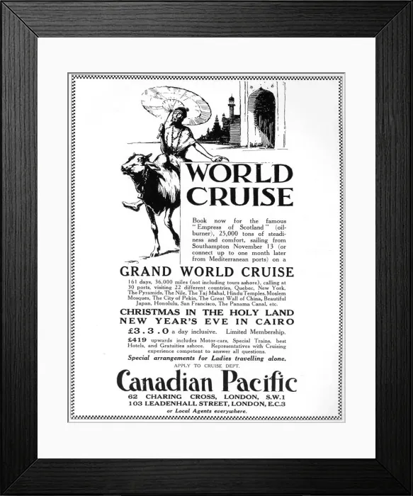 Framed Print : An advertisement for a Canadian Pacific world cruise, 1926 Framed Print : An advertisement for a Canadian Pacific world cruise, 1926