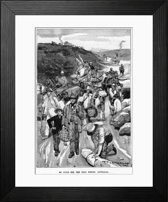 Framed Print : En Route for the Gold Fields, Australia, 1887. Artist: William Hatherell Framed Print : En Route for the Gold Fields, Australia, 1887. Artist: William Hatherell
