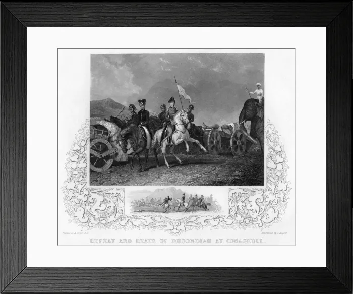Framed Print : Defeat and Death of Dhoondiah at Conaghull, c19th century. Artist: J Rogers Framed Print : Defeat and Death of Dhoondiah at Conaghull, c19th century. Artist: J Rogers