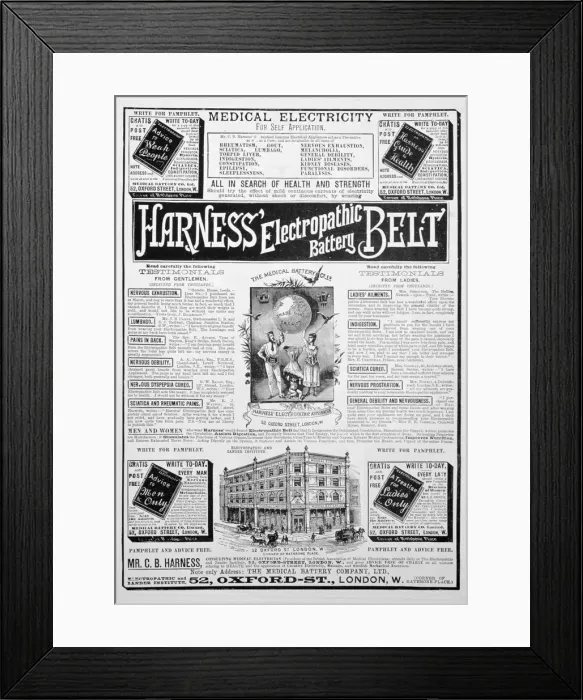 Framed Print : Harness Electropathic Battery Belt advert, 1893 Framed Print : Harness Electropathic Battery Belt advert, 1893