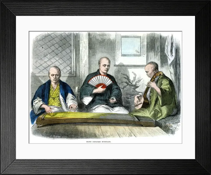 Framed Print : Blind Japanese musicians, 1864. Artist: M Jackson Framed Print : Blind Japanese musicians, 1864. Artist: M Jackson