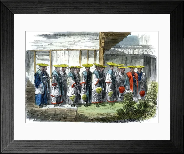 Framed Print : The night guard at Jeddo (Edo), Japan, 1864. Artist: M Jackson Framed Print : The night guard at Jeddo (Edo), Japan, 1864. Artist: M Jackson