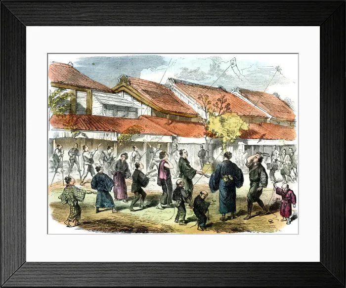 Framed Print : Japanese game of battledore and shuttlecock in the streets of Yokohama, 1865 Framed Print : Japanese game of battledore and shuttlecock in the streets of Yokohama, 1865