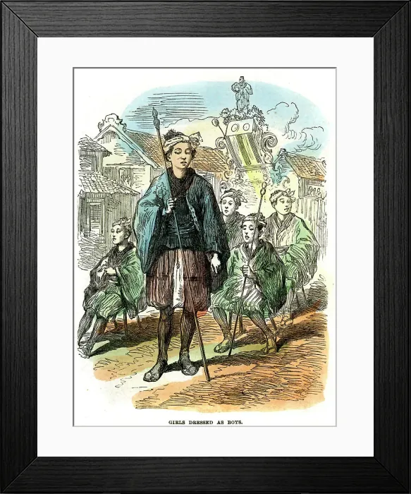 Framed Print : Girls dressed as boys, New Years festival procession at Yokohama, Japan, 1872 Framed Print : Girls dressed as boys, New Years festival procession at Yokohama, Japan, 1872