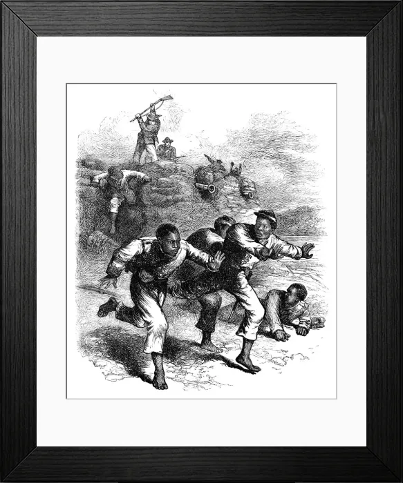 Framed Print : Flight of black Union soldiers from Fort Pillow, Tennessee, American Civil War, 1864 (c1880) Framed Print : Flight of black Union soldiers from Fort Pillow, Tennessee, American Civil War, 1864 (c1880)