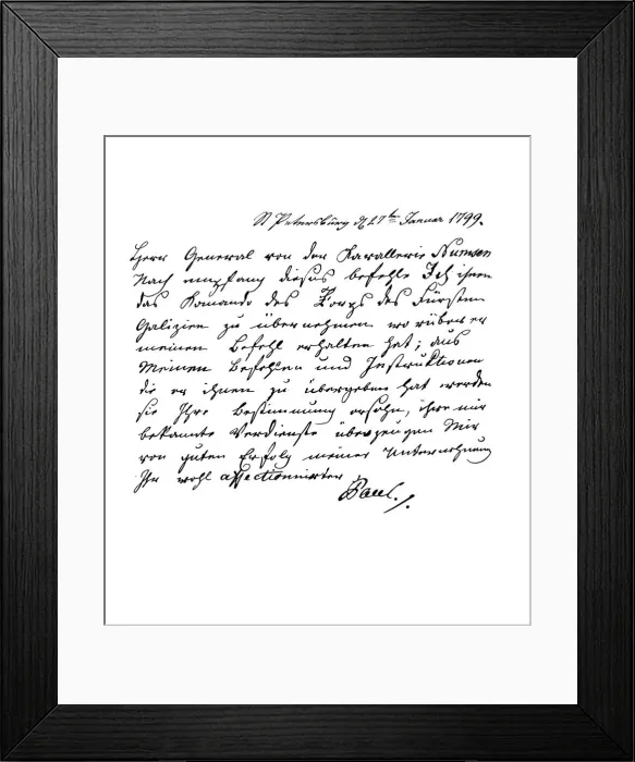 Framed Print : Letter by Paul I, Emperor of Russia, to General Numsen, 1799 (1865). Artist: Frederick George Netherclift Framed Print : Letter by Paul I, Emperor of Russia, to General Numsen, 1799 (1865). Artist: Frederick George Netherclift