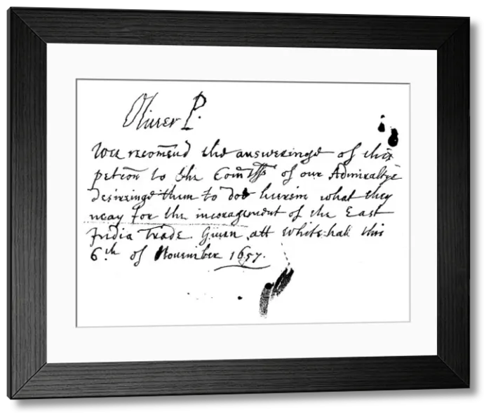 Framed Print : Autograph note of Oliver Cromwell to a petition of the East India Company, November 1657, (1893) Framed Print : Autograph note of Oliver Cromwell to a petition of the East India Company, November 1657, (1893)