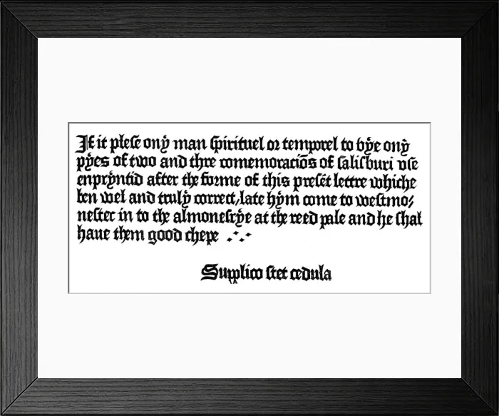 Framed Print : Advertisement for a book printed by William Caxton, 15th century (1893) Framed Print : Advertisement for a book printed by William Caxton, 15th century (1893)