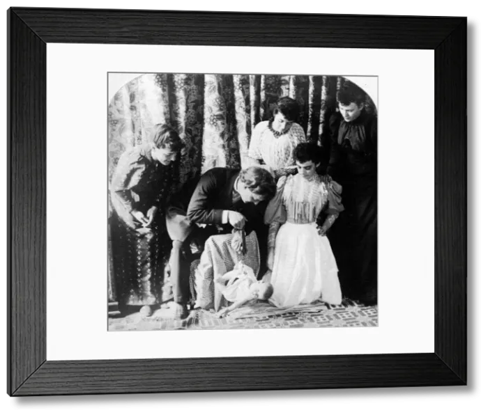 Framed Print : Weighing the Baby. Artist: James M Davis Framed Print : Weighing the Baby. Artist: James M Davis