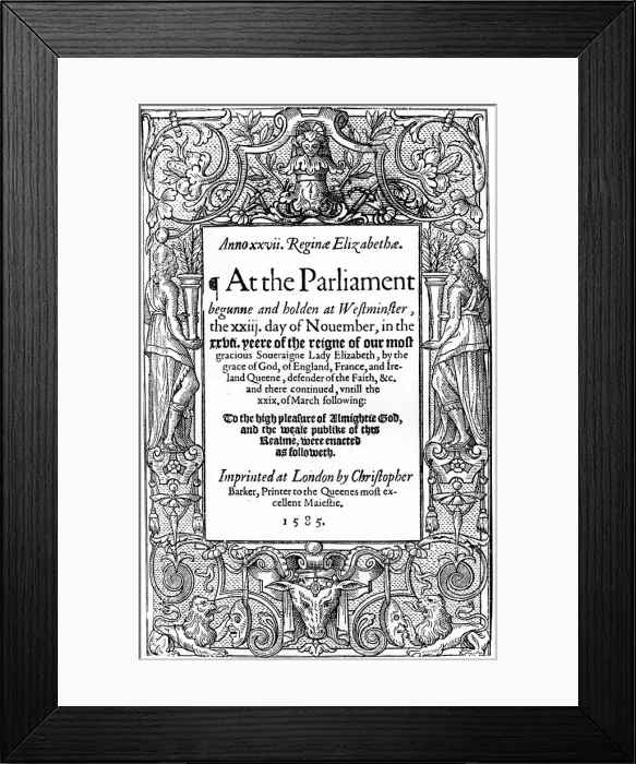 Framed Print : Title page of Acts of Parliament, 1585, (1893) Framed Print : Title page of Acts of Parliament, 1585, (1893)