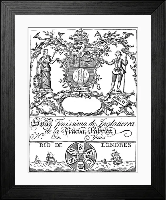 Framed Print : Trade label of the South Sea Company, 18th century (1894) Framed Print : Trade label of the South Sea Company, 18th century (1894)