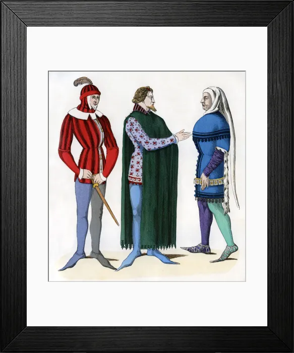 Framed Print : Valet and lords in 14th century costume, 1882-1884 Framed Print : Valet and lords in 14th century costume, 1882-1884