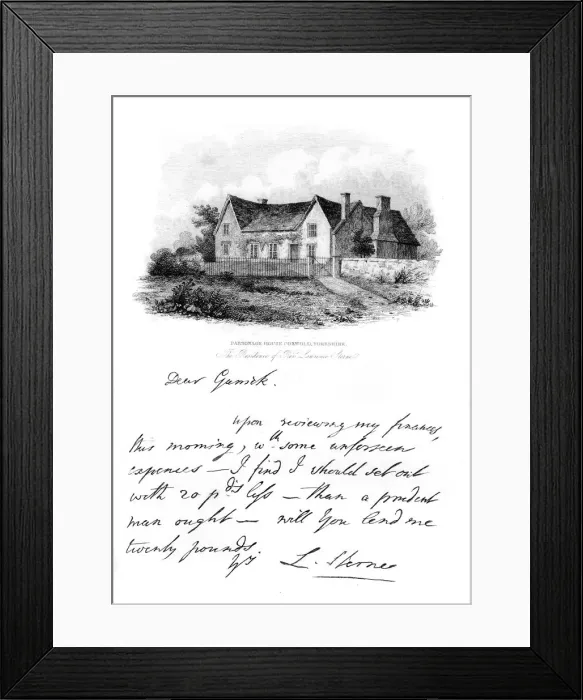 Framed Print : A note from Sterne to Garrick, and a view of Sternes house in Yorkshire, 18th century, (1840) Framed Print : A note from Sterne to Garrick, and a view of Sternes house in Yorkshire, 18th century, (1840)