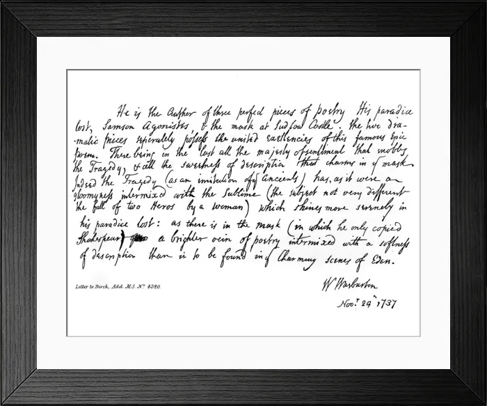 Framed Print : Part of a letter from Bishop Warburton, respecting the poems of Milton, 1737, (1840). Artist: William Warburton Framed Print : Part of a letter from Bishop Warburton, respecting the poems of Milton, 1737, (1840). Artist: William Warburton
