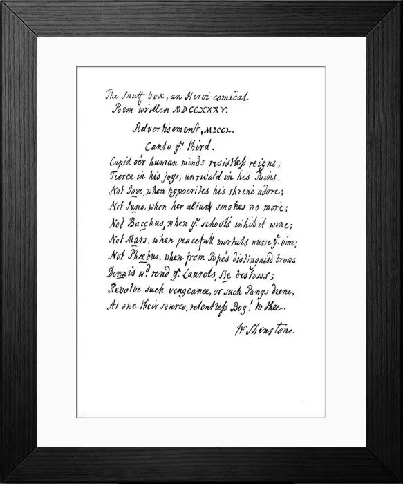 Framed Print : Part of Shenstones poem, The Snuff Box, 1735, (1840). Artist: William Shenstone Framed Print : Part of Shenstones poem, The Snuff Box, 1735, (1840). Artist: William Shenstone