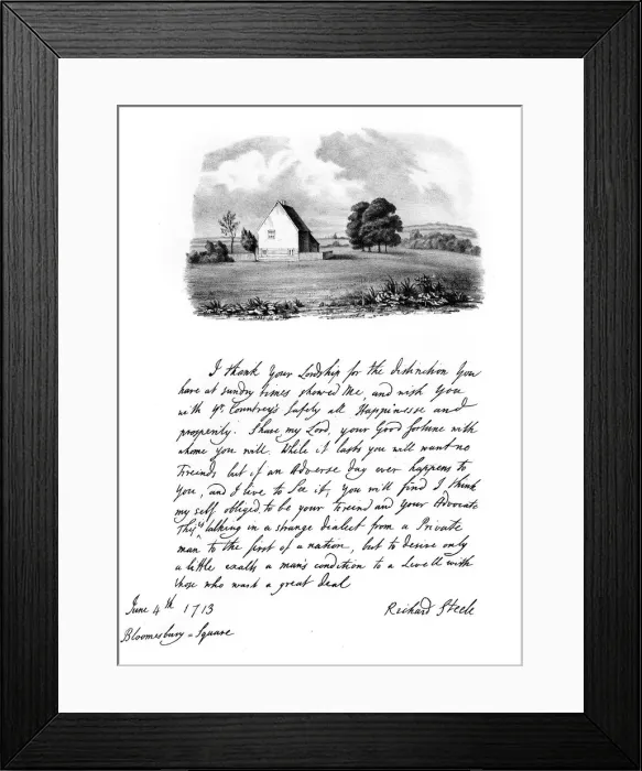 Framed Print : A letter from Sir Richard Steele, and a view of his cottage at Haverstock Hill, 1713, (1840). Artist: Richard Steele Framed Print : A letter from Sir Richard Steele, and a view of his cottage at Haverstock Hill, 1713, (1840). Artist: Richard Steele