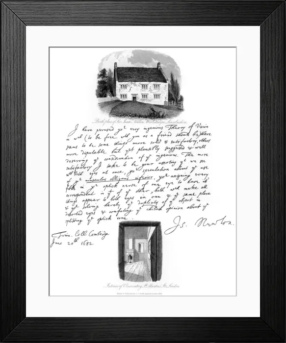 Framed Print : A letter from Isaac Newton, and a view of his birthplace at Woolsthorpe, Lincolnshire, 1682, (1840). Artist: Isaac Newton Framed Print : A letter from Isaac Newton, and a view of his birthplace at Woolsthorpe, Lincolnshire, 1682, (1840). Artist: Isaac Newton