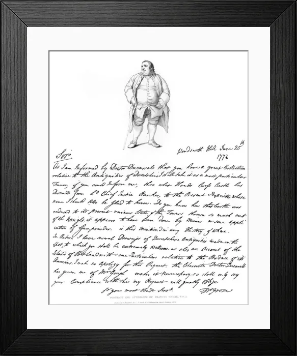 Framed Print : A letter and portrait of Francis Grose, 1772, (1840). Artist: Francis Grose Framed Print : A letter and portrait of Francis Grose, 1772, (1840). Artist: Francis Grose