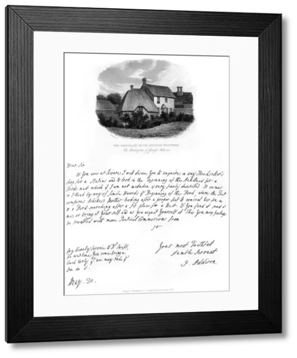 Framed Print : A letter from Addison, and a view of his birthplace, late 17th-early 18th century, (1840). Artist: Joseph Addison Framed Print : A letter from Addison, and a view of his birthplace, late 17th-early 18th century, (1840). Artist: Joseph Addison