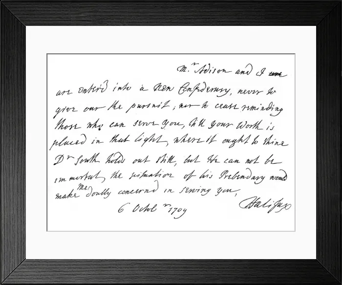 Framed Print : Extract of a letter from Lord Halifax to Dean Swift, with promises of promotion, 1709, (1840). Artist: Charles Montague Framed Print : Extract of a letter from Lord Halifax to Dean Swift, with promises of promotion, 1709, (1840). Artist: Charles Montague