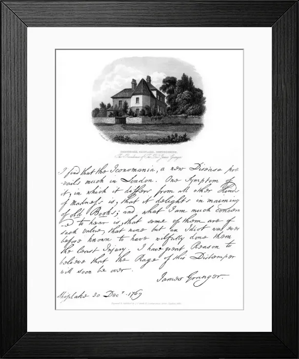 Framed Print : A letter from Reverend James Granger, and a view of his residence at Shiplake, 1769, (1840). Artist: James Granger Framed Print : A letter from Reverend James Granger, and a view of his residence at Shiplake, 1769, (1840). Artist: James Granger