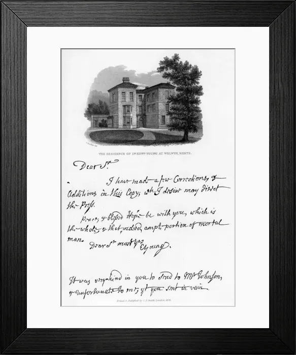 Framed Print : A letter from Edward Young, and a view of his residence at Welwyn, Hertfordshire, 1740s, (1840). Artist: Edward Young Framed Print : A letter from Edward Young, and a view of his residence at Welwyn, Hertfordshire, 1740s, (1840). Artist: Edward Young