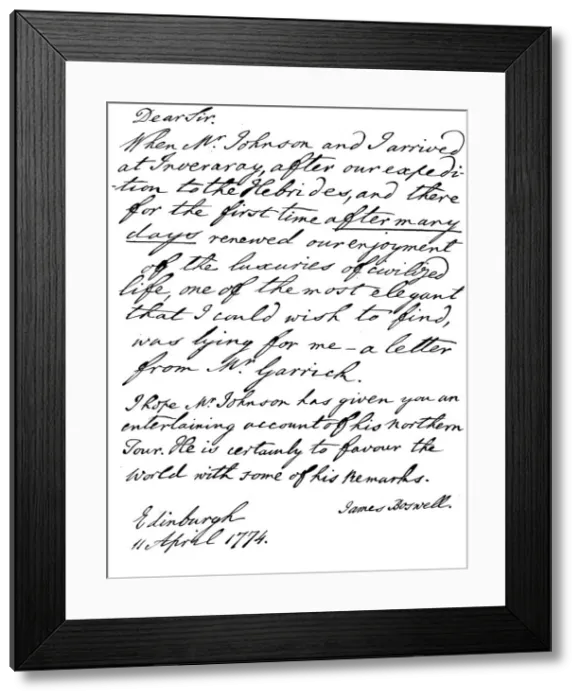 Framed Print : Part of a letter from James Boswell to David Garrick, Edinburgh, 11 April 1774, (1840). Artist: James Boswell Framed Print : Part of a letter from James Boswell to David Garrick, Edinburgh, 11 April 1774, (1840). Artist: James Boswell