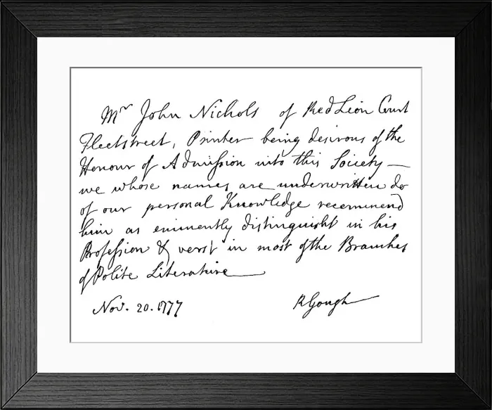 Framed Print : Certificate for the election of Mr John Nichols to the Society of Antiquaries, 1777, (1840). Artist: Richard Gough Framed Print : Certificate for the election of Mr John Nichols to the Society of Antiquaries, 1777, (1840). Artist: Richard Gough