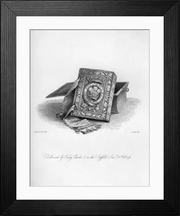 Framed Print : Bible used by King Charles I on the scaffold, 30th January 1649, (1840). Artist: C J Smith Framed Print : Bible used by King Charles I on the scaffold, 30th January 1649, (1840). Artist: C J Smith