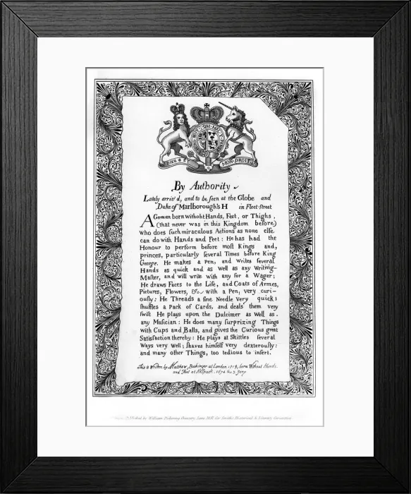 Framed Print : Calligraphic exhibition bill of Matthew Buchinger, Dwarf of Nurnburg, 1717, (1840). Artist: Matthew Buchinger Framed Print : Calligraphic exhibition bill of Matthew Buchinger, Dwarf of Nurnburg, 1717, (1840). Artist: Matthew Buchinger