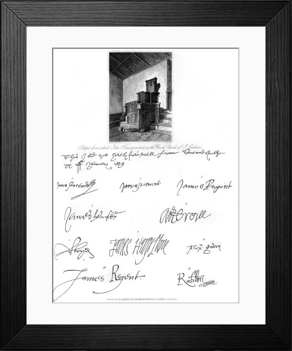 Framed Print : The pulpit of John Knox, and signatures of several eminent personages, 16th century, (1840). Artist: C J Smith Framed Print : The pulpit of John Knox, and signatures of several eminent personages, 16th century, (1840). Artist: C J Smith
