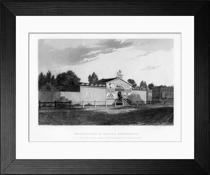 Framed Print : Exterior view of Astleys Amphitheatre in London as it appeared in 1777, (1840). Artist: William Capon Framed Print : Exterior view of Astleys Amphitheatre in London as it appeared in 1777, (1840). Artist: William Capon