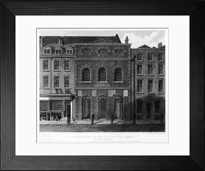 Framed Print : Exterior view of the Italian Opera House, Haymarket, 18th century, (1840). Artist: Charles John Smith Framed Print : Exterior view of the Italian Opera House, Haymarket, 18th century, (1840). Artist: Charles John Smith